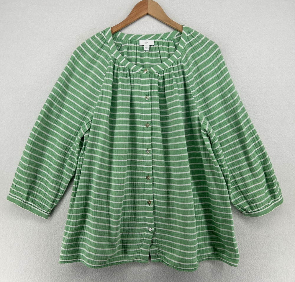 J.JILL Top XL Crinkle Gauze Shirt Blouse Striped Button Front 3/4 Sleeve Green